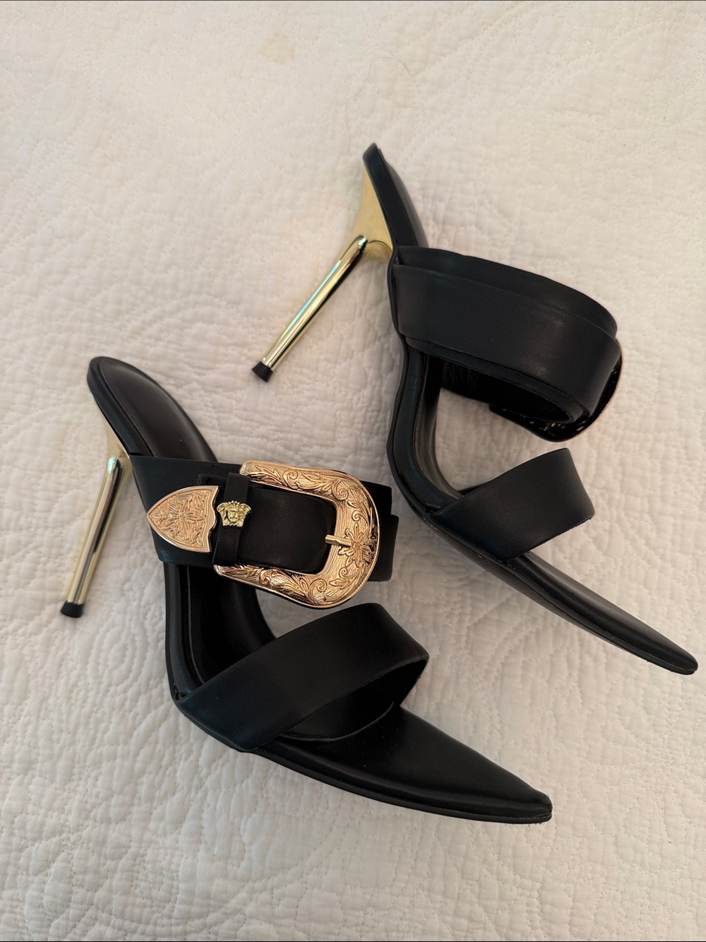 Versace Black Leather Slide Heels with Gold Buckle & Metallic Heel size 38
